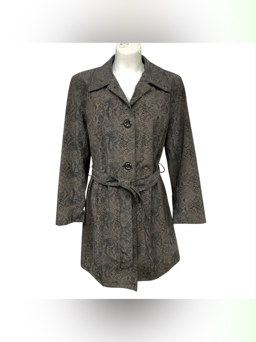 Utex Gray Snake-Print Trench Coat with Tie Belt Size M